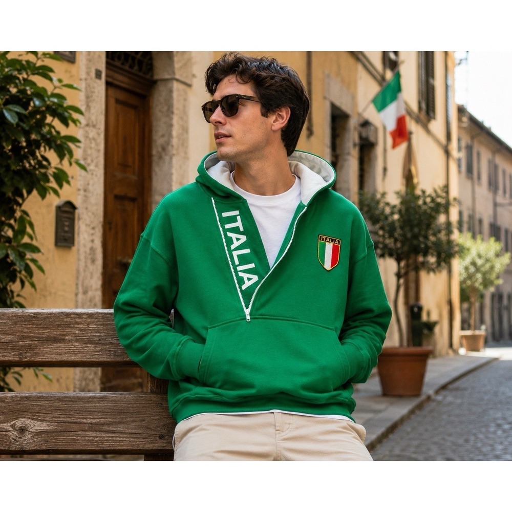 Dolmen Italia Hoodie Mens Medium‎ Green 1/2 Zip Pullover Italy Soccer Sweatshirt